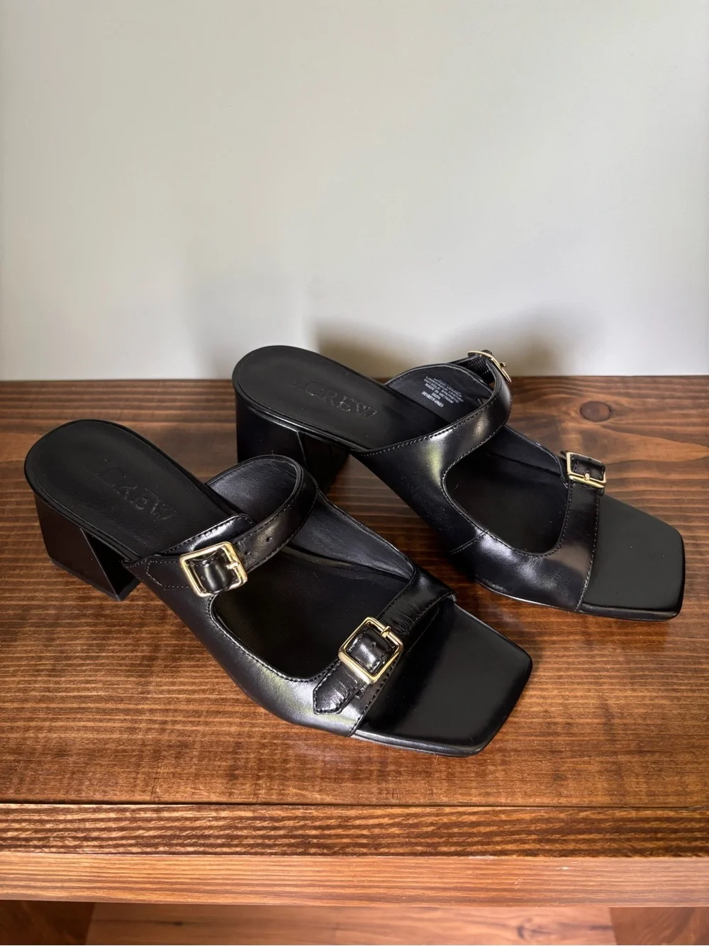 J. Crew Black Leather Double-Buckle Square-Toe Mules